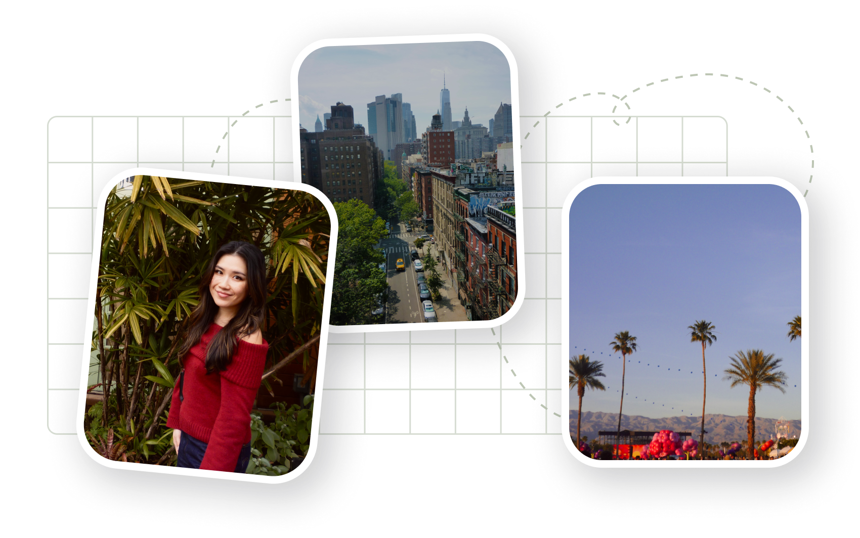 Photo collage: Jane in a garden, a Brooklyn street scene, and palm trees at sunset