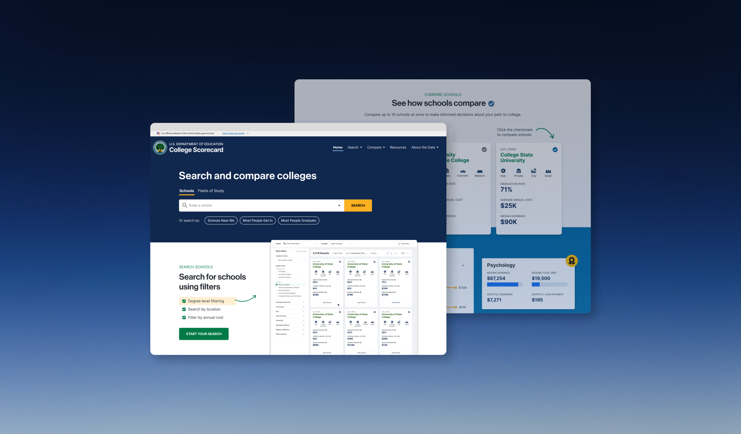 College Scorecard redesign — layered browser mockups showing the search, compare, and filter interfaces