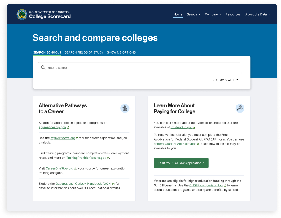 College Scorecard homepage wireframe showing redesigned 'Search and compare colleges' layout with prominent search bar