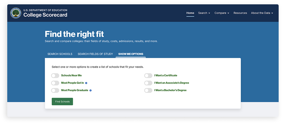 College Scorecard 'Find the right fit' page with Show Me Options filter buttons for quick-search paths