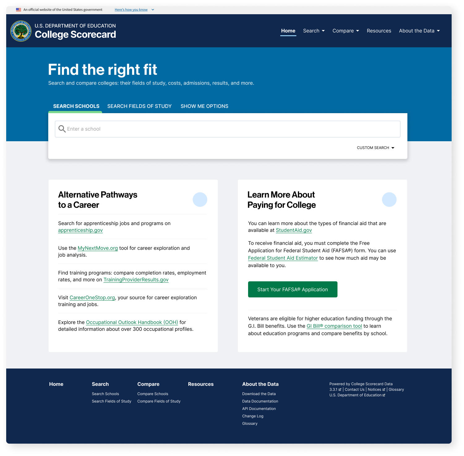 Old College Scorecard homepage showing the search bar and Alternative Pathways to a Career section that users clicked first