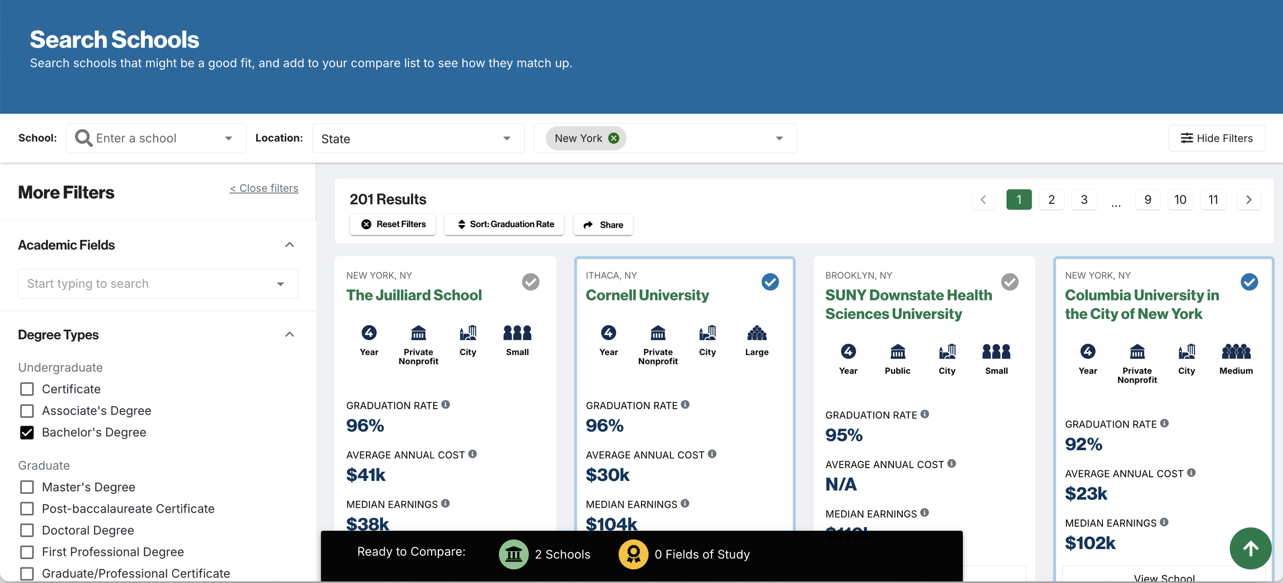 College Scorecard search results page showing the Compare Schools feature with checkmark icons