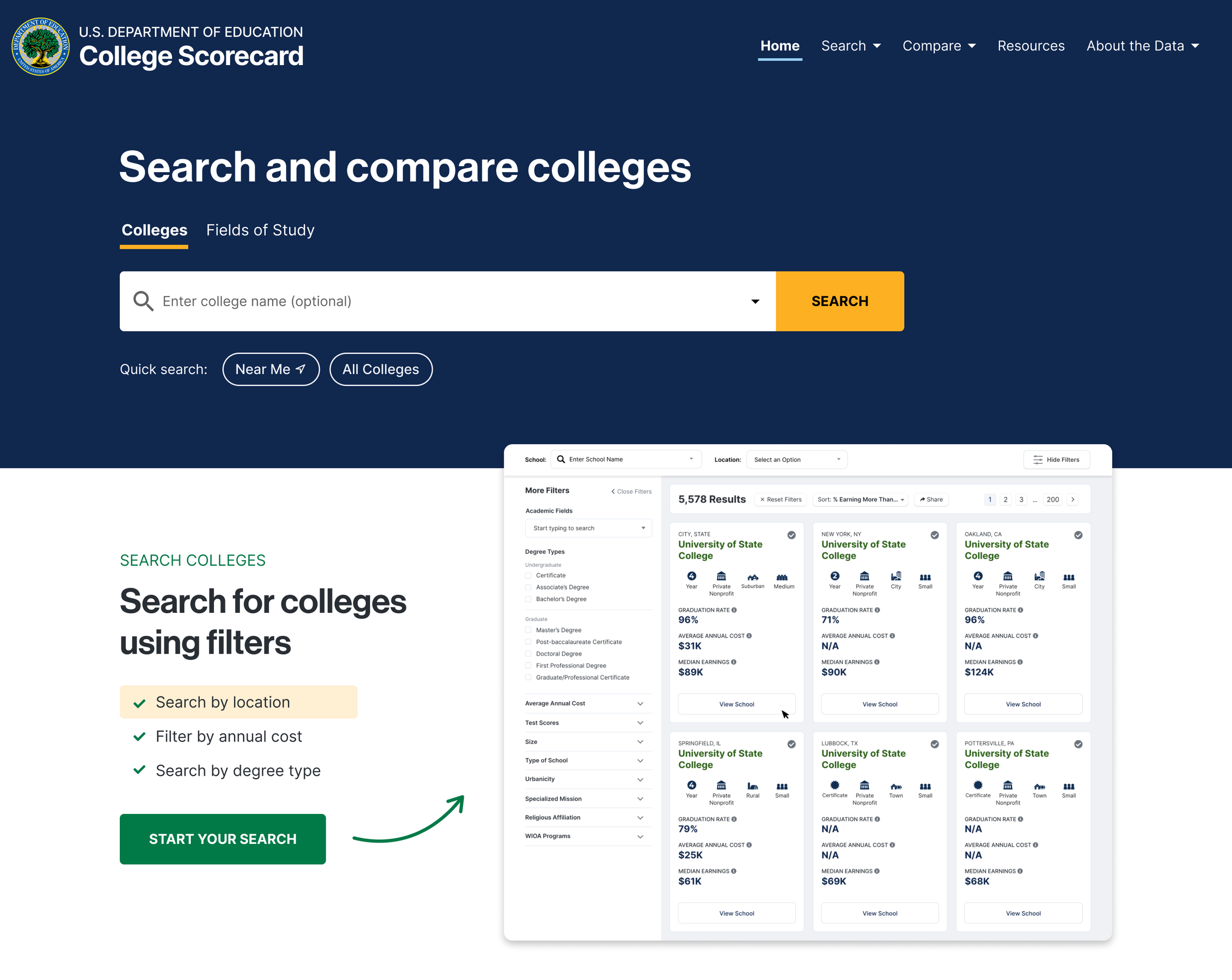Live College Scorecard homepage showing the redesigned search and compare interface with quick-search buttons