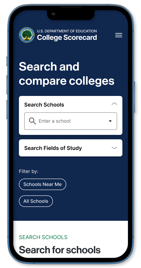 Mobile mockup of College Scorecard homepage showing Search Schools and Search Fields of Study with quick-search buttons
