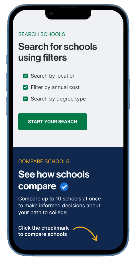 Mobile mockup showing Search for colleges using filters and See how schools compare sections
