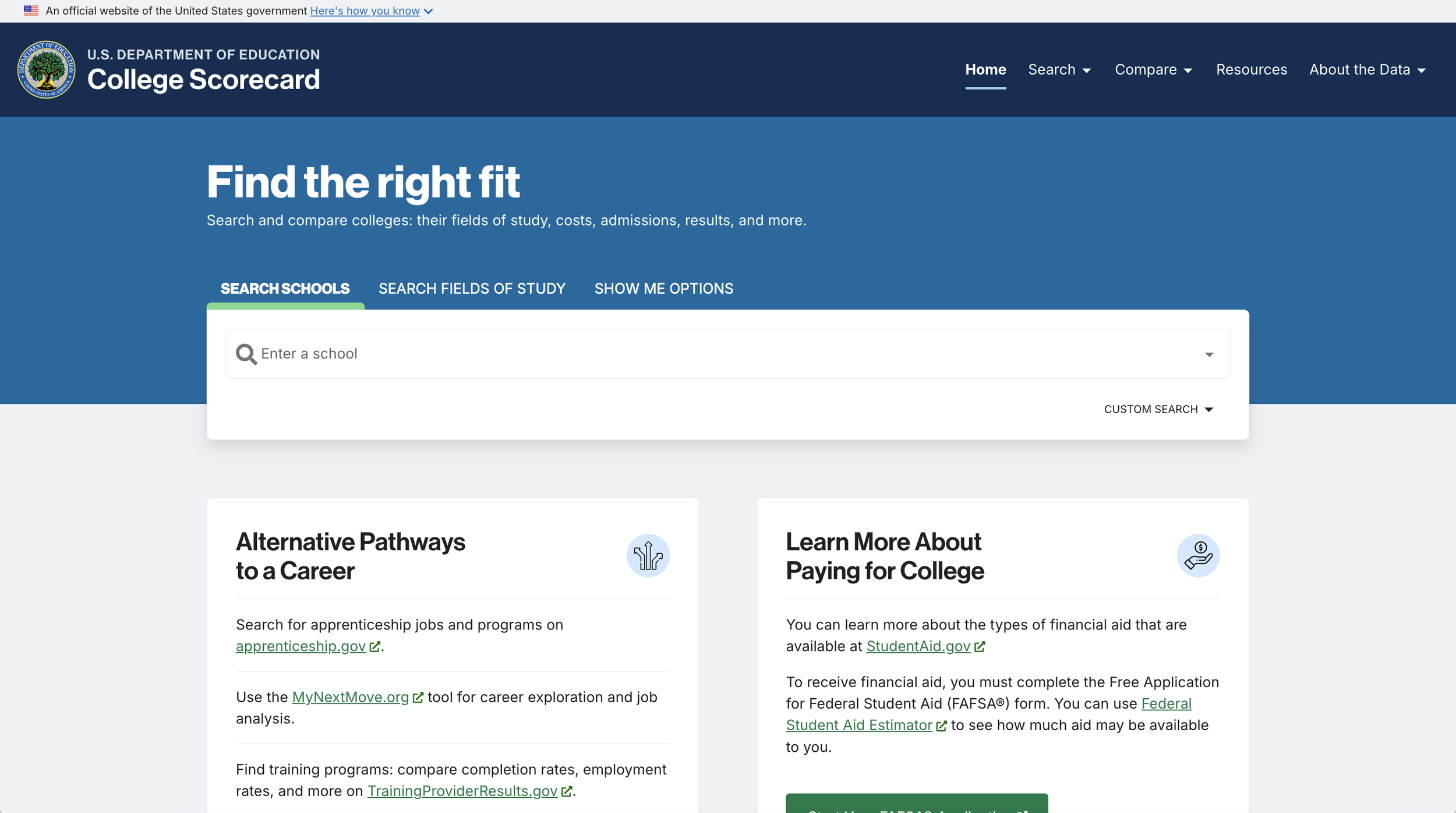 Original College Scorecard homepage — blue banner with 'Find the right fit' headline and basic search bar