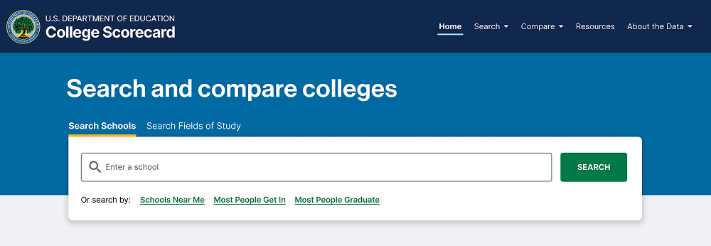 College Scorecard search bar exploration — iteration 1 with white search box