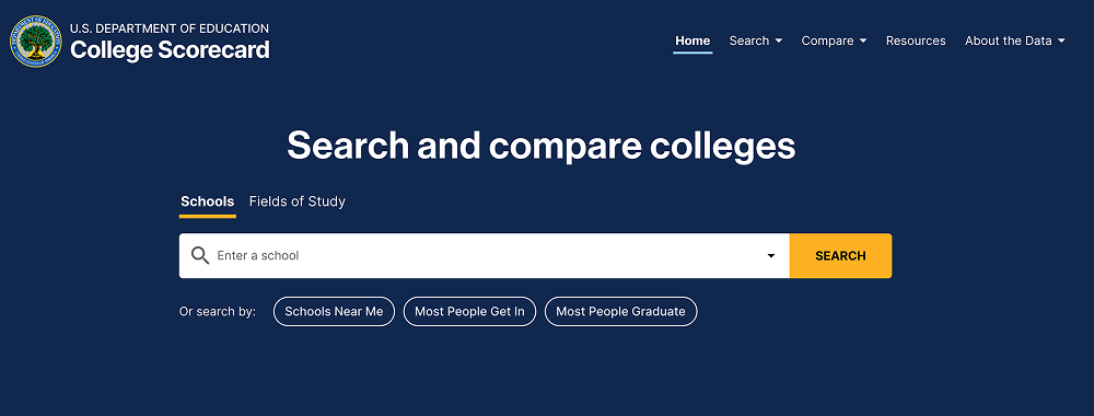 College Scorecard search bar exploration — iteration 3 with yellow search button
