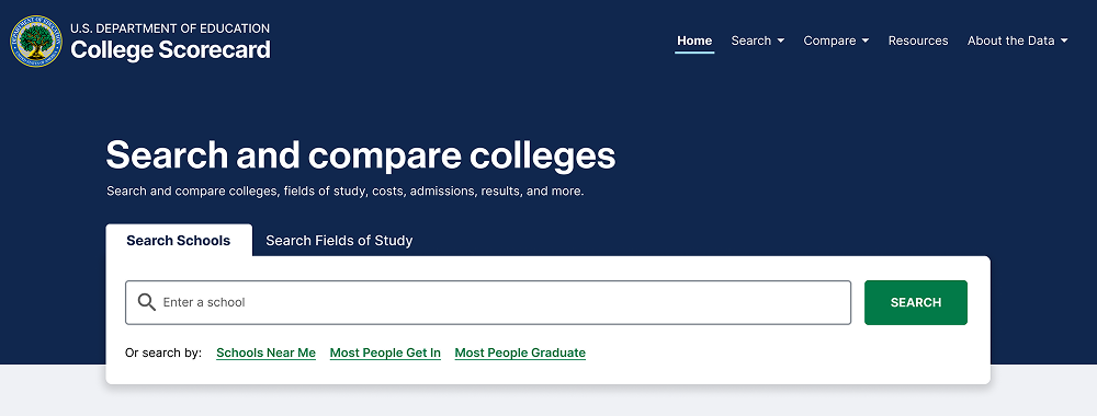 College Scorecard search bar exploration — iteration 4 with green button and full-width bar