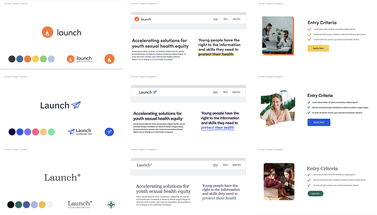 Brand design process — three initial options with different color palettes and visual directions