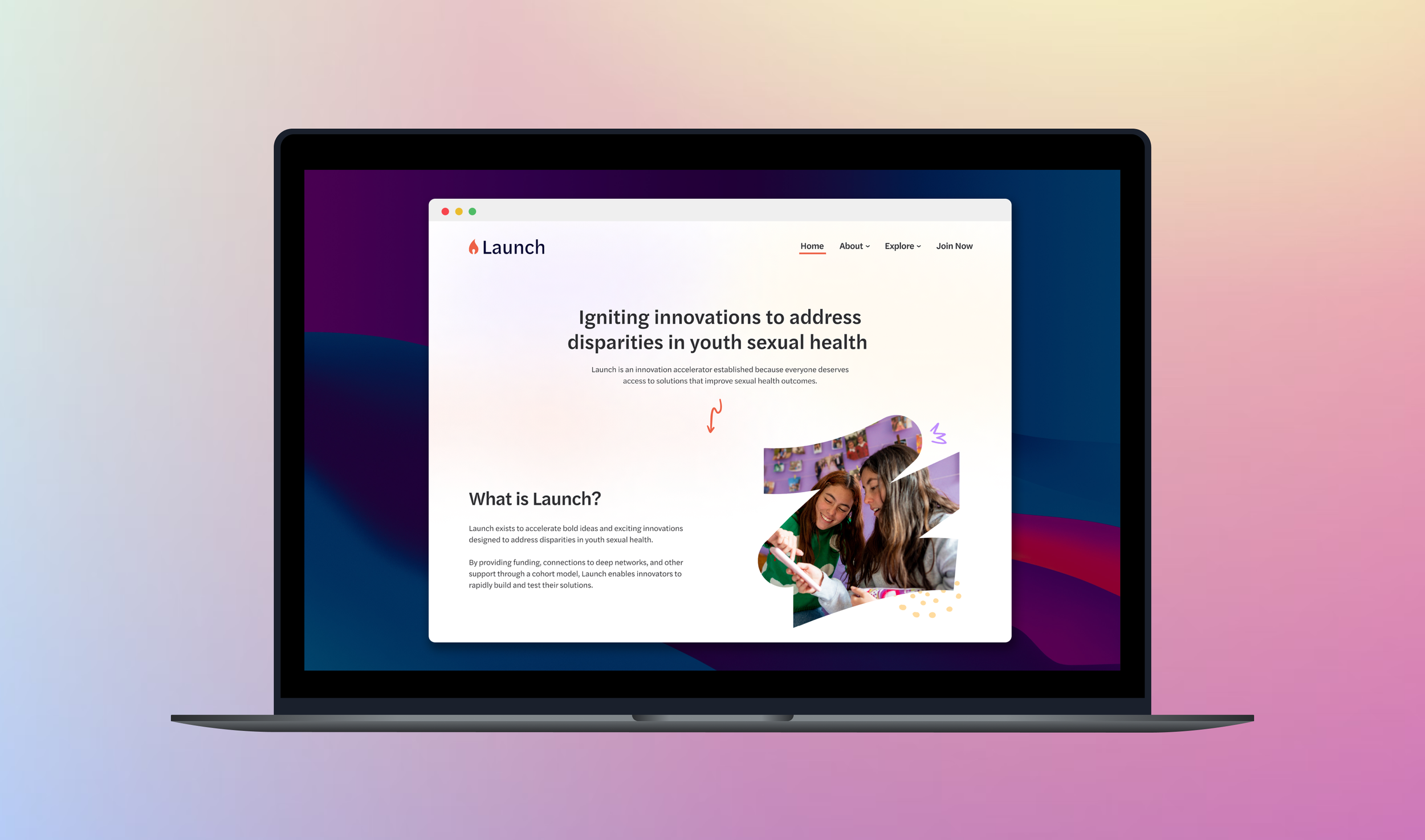 Launch Innovation Accelerator — laptop mockup showing the platform with a purple gradient interface