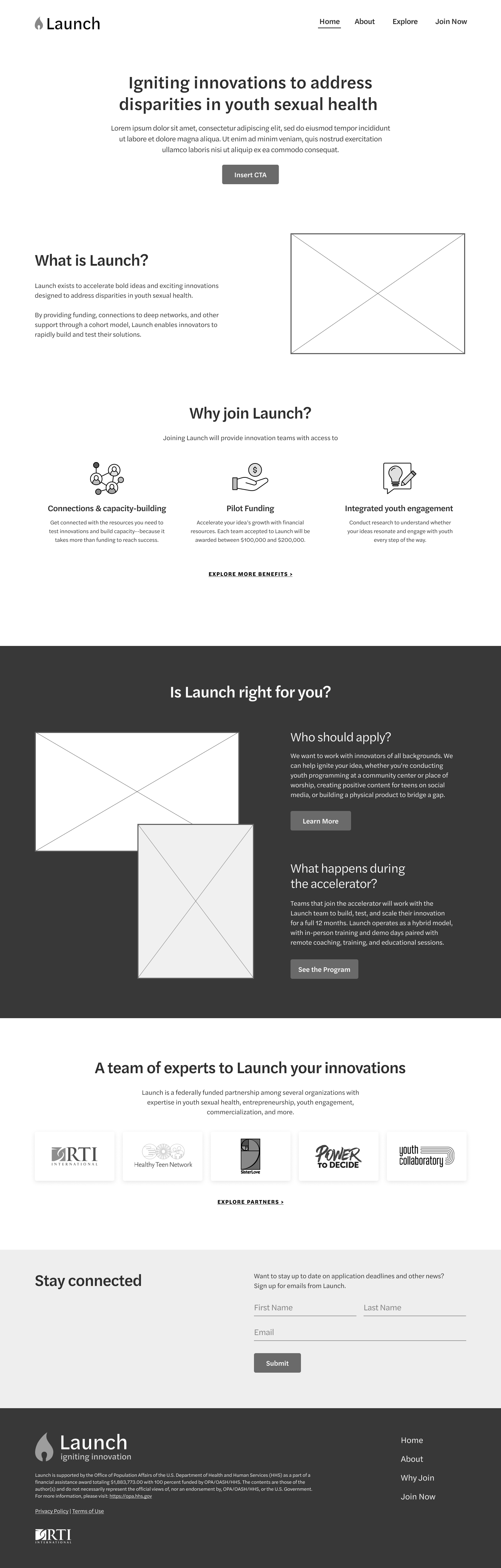 Launch lo-fi wireframes — Home page screens