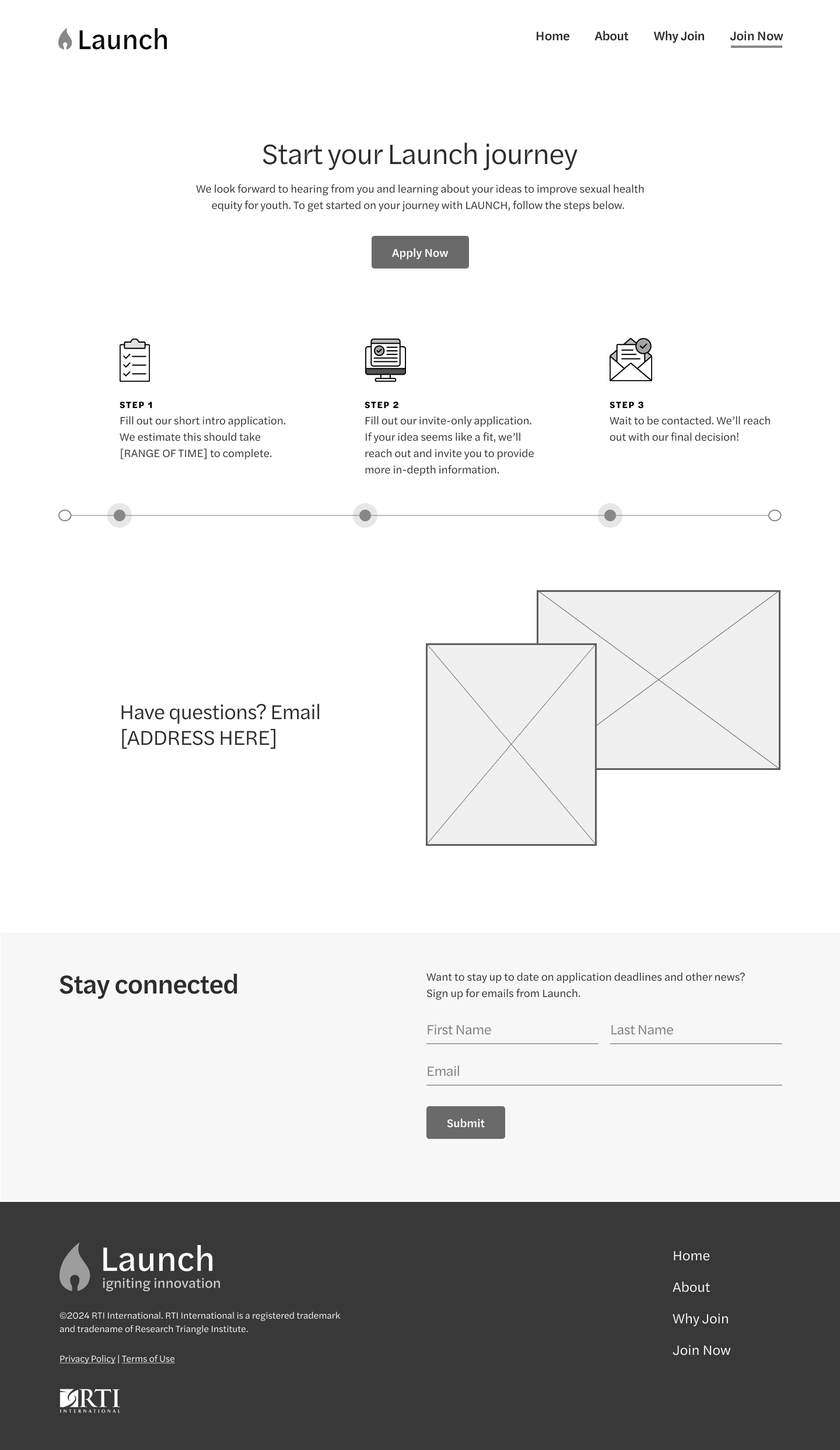 Launch lo-fi wireframes — Join Now and application screens