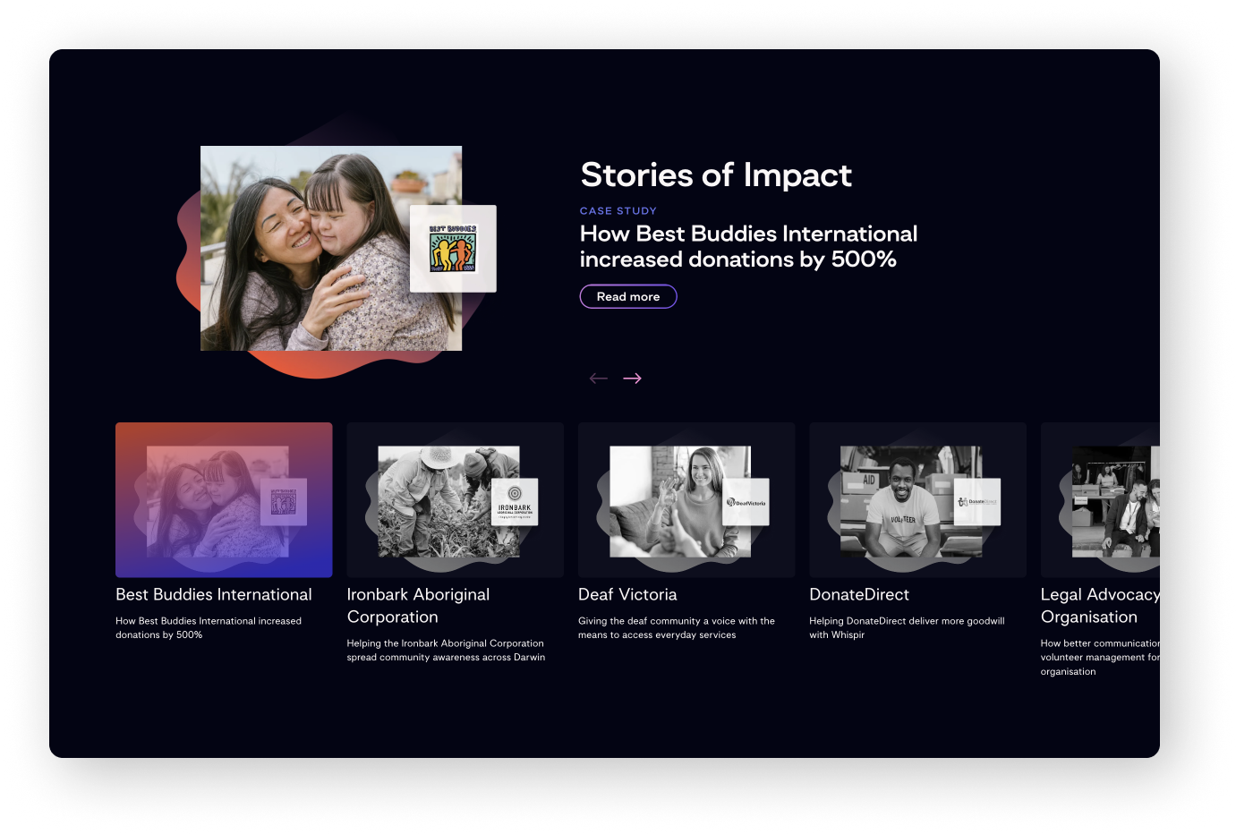 Final design — Stories of Impact section with colorful nonprofit photos on dark background