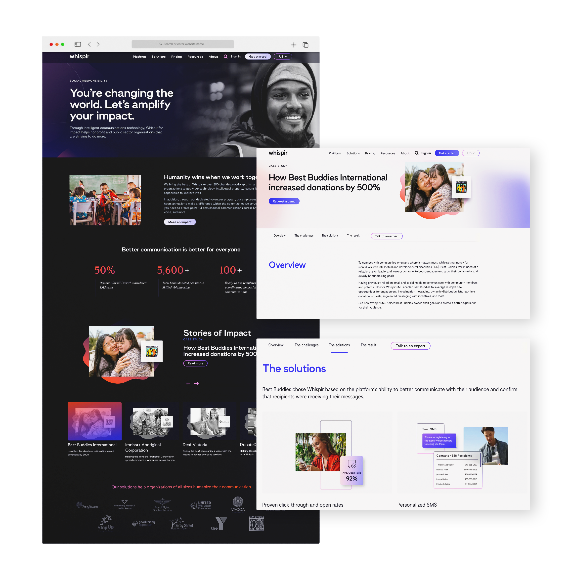 Full-page mockup of the redesigned Whispir for Impact page