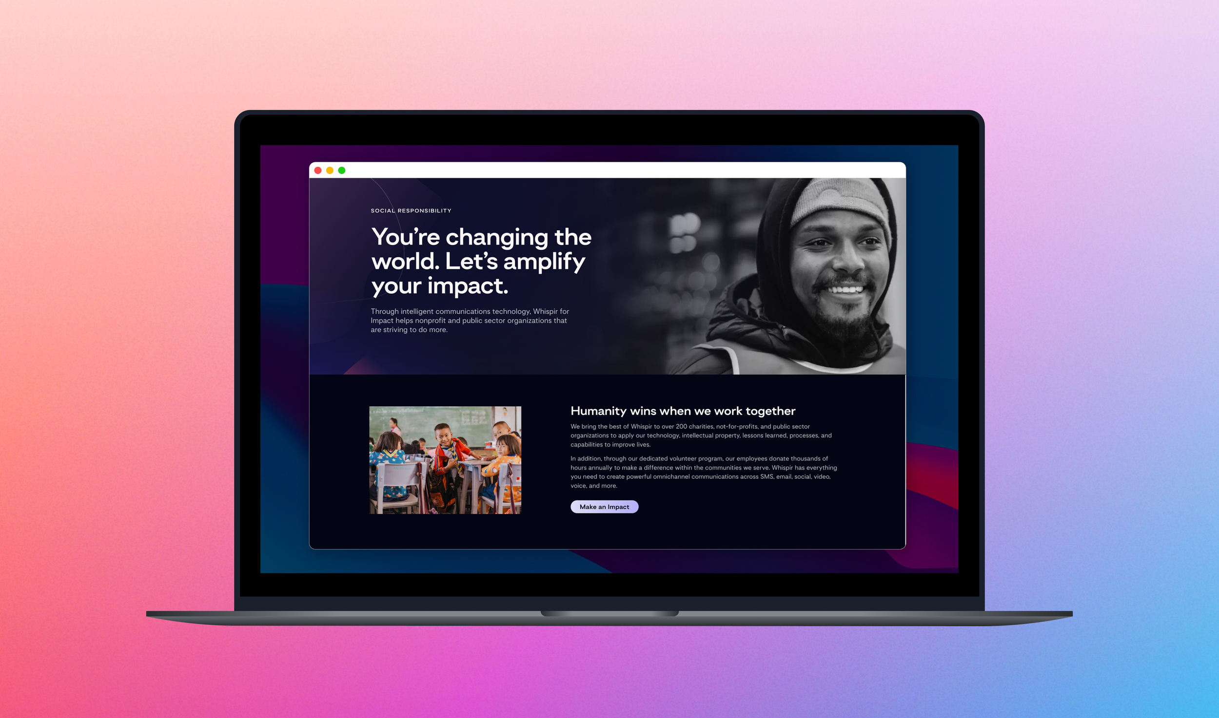 Redesigned Whispir for Impact page — a dark gradient hero with a portrait photo and nonprofit story cards