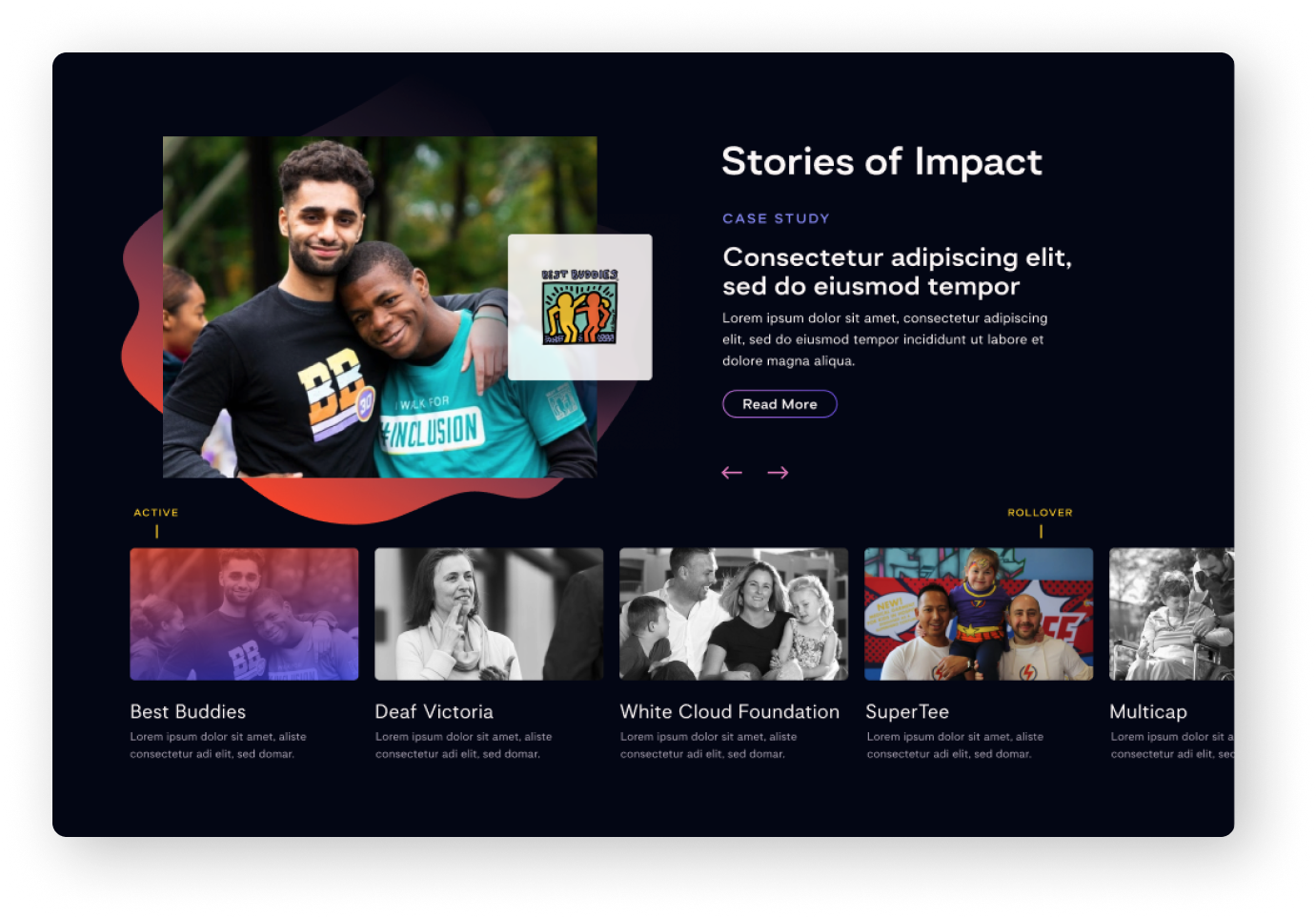 Prototype option 2 — Stories of Impact with large featured image